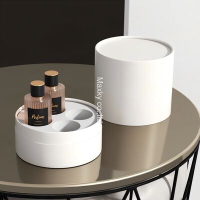 A custom-designed luxury textured leather cylindrical box, an eco-friendly 6ml fragrance packaging set including a paper tube.