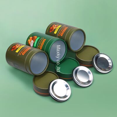 Cardboard powder containers for packaging coffee beans, tea, etc., equipped with sealed metal lids and aluminum cans.