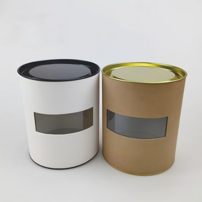 Food grade custom packaging box, kraft paper can, metal lid, paper tube with custom PVC window