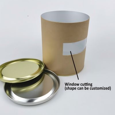 Food grade custom packaging box, kraft paper can, metal lid, paper tube with custom PVC window