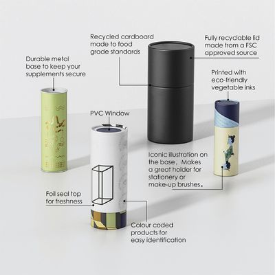 Biodegradable paper tube packaging for cosmetic essential oils, customizable eco-friendly kraft paper tubes with caps.