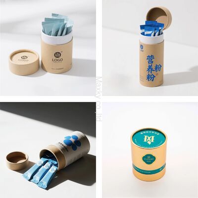 Biodegradable food-grade paper tubes, kraft paper cylinders, cylindrical shapes, and customizable styles.