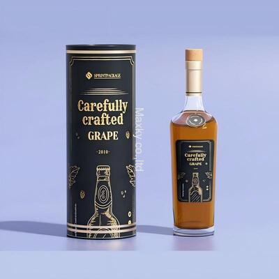 Packages of fine wines, whiskies, and champagnes, complete with metal-cap wine bottles, jars, and gift paper tubes.