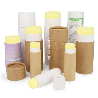 Luxury biodegradable and eco-friendly lip balm deodorant container packaging, using a push-pull paper tube.