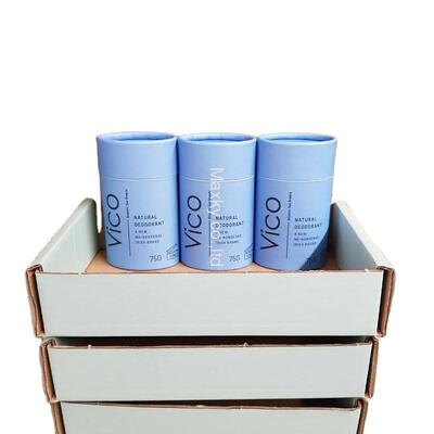 Hollow kraft paper tube/cylindrical box, oval-shaped body lotion and antiperspirant packaging.