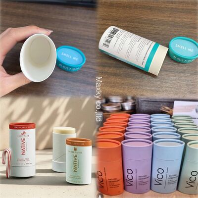 Hollow kraft paper tube/cylindrical box, oval-shaped body lotion and antiperspirant packaging.