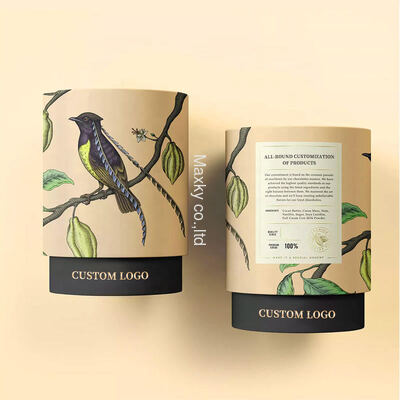 Custom-made eco-friendly, food-grade kraft paper coffee, tea, and salt bottles, packaged in cylindrical cardboard boxes.
