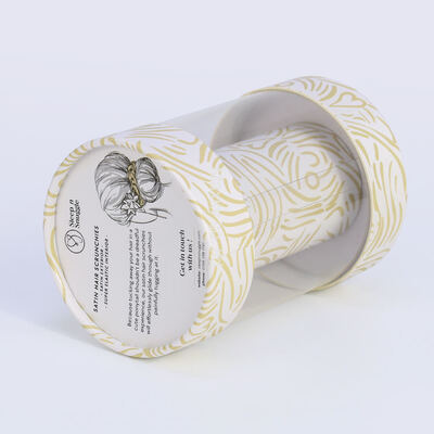Soft, round PVC packaging box with cylindrical paper tubes, suitable for silk head scarves, headbands, and hair ties.