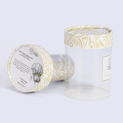 Soft, round PVC packaging box with cylindrical paper tubes, suitable for silk head scarves, headbands, and hair ties.