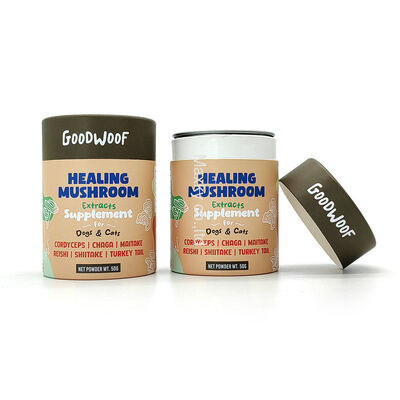 Printed cylindrical aluminum foil cardboard tea canisters, food-grade paper tube packaging, with metal lids.