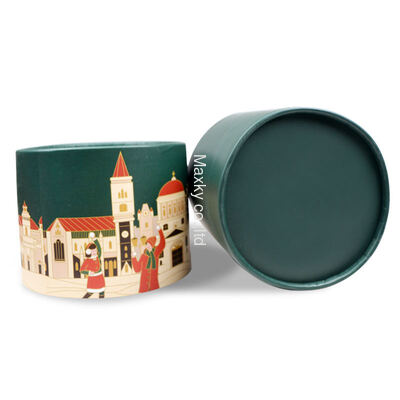 Customized logo CMYK round paper tube box, Christmas style, suitable for candy/candle packaging.