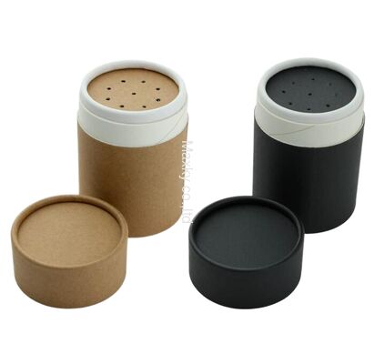 Eco-friendly cardboard powder container, cylindrical, with a swing-top lid, suitable for spices, sea salt and other food products.