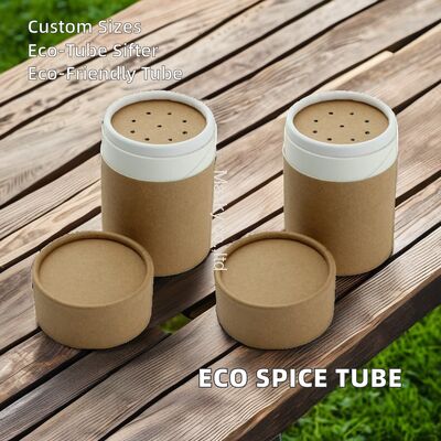 Eco-friendly cardboard powder container, cylindrical, with a swing-top lid, suitable for spices, sea salt and other food products.
