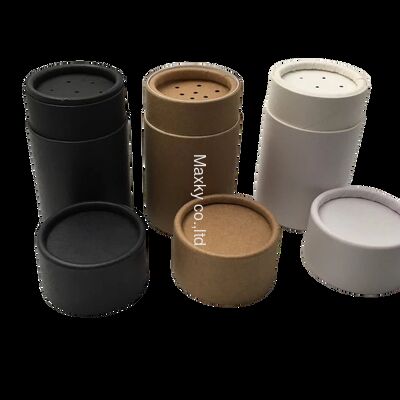 Eco-friendly cardboard powder container, cylindrical, with a swing-top lid, suitable for spices, sea salt and other food products.