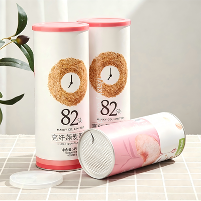 Eco-friendly airtight composite paper canister customized for oatmeal, rolled oats and assorted cereal storage.